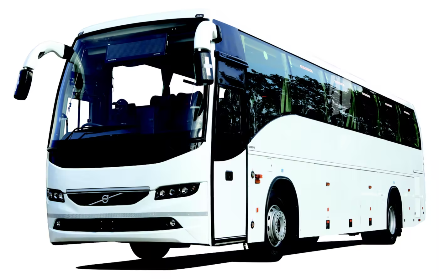 White Volvo coach bus from the AV Travels fleet
