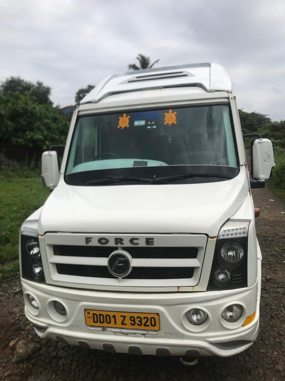 White Force Traveller tempo traveller for group travel, front view