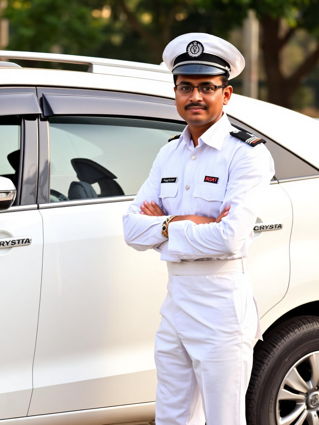 AV Travels chauffeur in white uniform standing beside a white Innova Crysta