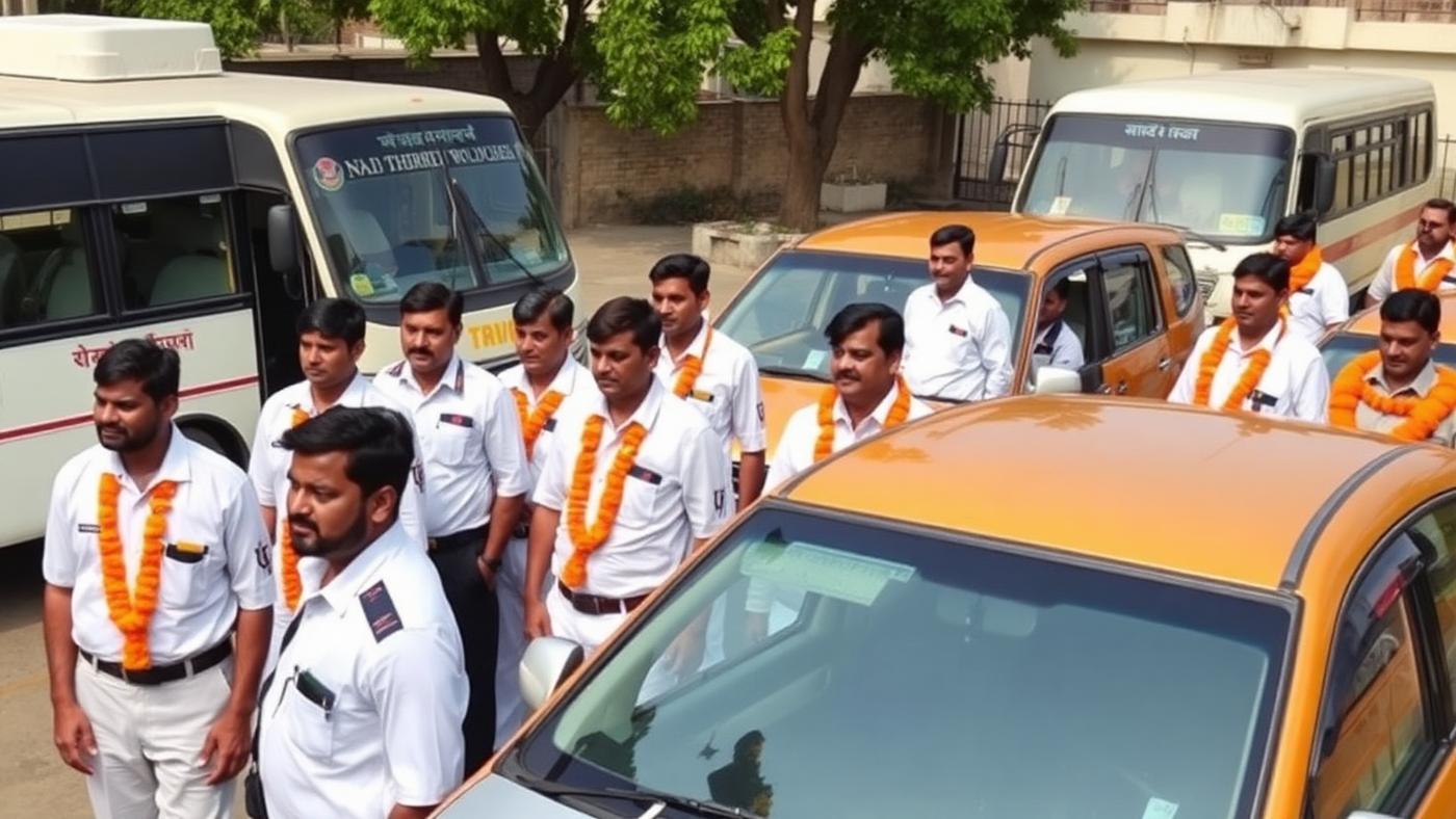 Uniformed AV Travels drivers lined up beside garlanded vehicles in the parking yard