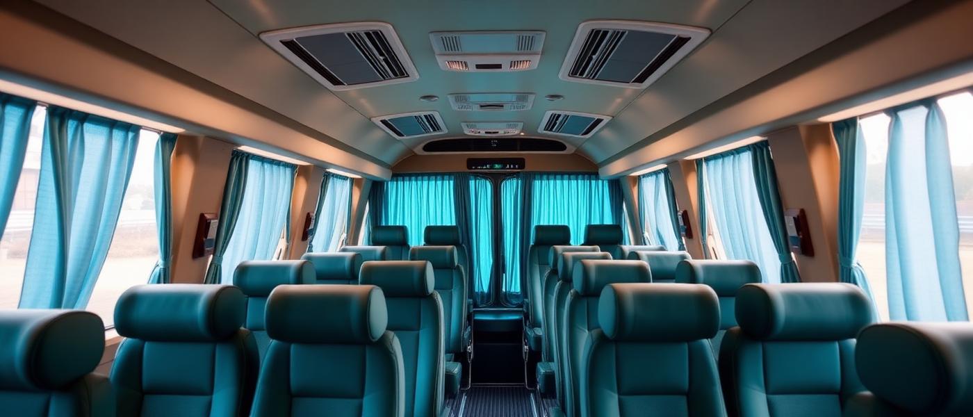 Force Urbania 17 seater interior with pushback recliner seats, curtains and twin AC